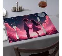 Strawberry Rug - Tappeto con due personaggi anime che si tengono per mano sotto un cielo stellato con petali rosa che cadono, tovagliette lavabili, tovaglia occidentale (6 pezzi)