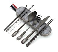 Stray SKZ Set di posate da campeggio in acciaio inox, nero, set di posate da viaggio con astuccio, cucchiai, forchette, coltelli, bacchette, cannucce, spazzola per la pulizia, borsa per posate