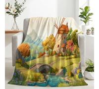 Stream Stone Bridge Pastorale Scenery Accogliente Morbido Pile Divano | Coperta calda e non perde pelo, stile rustico, con mulino a vento, per divano, camera da letto e soggiorno