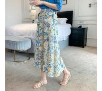 Streetwear - Gonna lunga plissettata floreale vintage da donna, stile coreano, per gonna midi per stile estivo (blu)