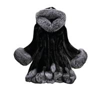 Streetwear pelliccia di visone cappotto tinta unita imitazione pelliccia di coniglio splicing cintura manica lunga sciolto giacca con cappuccio per le donne, nero, Small