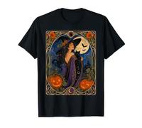 Strega Art Nouveau Gatto Nero Halloween Luna Maglietta
