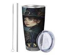 Strega con coperchio e bicchiere di paglia Bella Ragazza Cappello Magico Uccello Gatto Retro Artistico Albero Parola blu scuro nero Isolato Metallo Can Cooler No Spill Scuola College asilo nido Senza