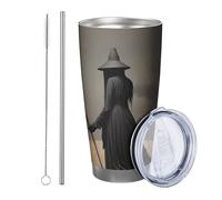 Strega con coperchio e bicchiere di paglia Scopa magica Disegni Estetica Scena Ragazza Erba secca Cappello magico grigio Marrone Isolato Caldo e Freddo Infrangibile Viaggi Piscina All'aperto Caffè