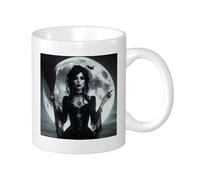 Strega Confezione da 1 tazza con stampa bella donna pipistrello luna scopa estetica anello orecchini collana bianco nero ceramica leggera collezione soggiorno laboratorio esterno ufficio fondo piatto