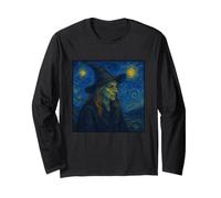 Strega della Notte Stellata in Cappello Van Gogh Halloween Art Parodia Maglia a Manica