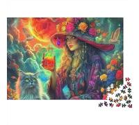 Strega Difficile 1000 Pezzi Puzzle per Adulti Strega con Gatto sotto Luna di Sangue e Fiori Premium Spesso Robusto Alta Qualità Vivace Sfidante Antistress 38x26cm/1000pz