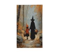 Strega e figlia che camminano autunno forestale sentiero cortile casa bandiere, 0,9 x 1,5 m banner di auguri stagione con occhielli interni ed esterni feste decorazioni per la casa