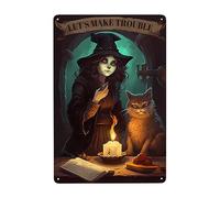 Strega E Gattino Carino Che Pianificano Halloween, Vai Avanti E Avvisa Che La Strega Sta Arrivando Targa In Metallo Decorative Cartello Decorativo Divertente Cartelli Metallo