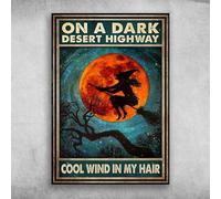 Strega e luna rossa - Su un'autostrada nel deserto buio, vento fresco tra i capelli per una decorazione murale in stile retrò per la casa o da usare in bar e garage, cartello in metallo 8x12 pollici.