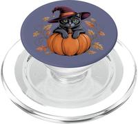 Strega gatto nero con zucca e foglie autunnali PopSockets PopGrip per MagSafe