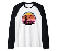 Strega, Jack O Lanterna e Gatto Retro Tramonto Halloween Design Maglia con Maniche Raglan