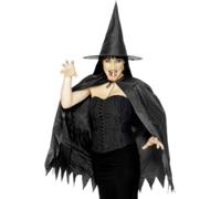 Strega Kit Nero Mantella Cappello Naso Donna Accessorio Costume di Halloween Set