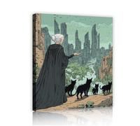 Strega mistica gatti tela arte della parete paesaggio urbano astratto pittura a strisce opere d'arte moderna stampe fantasy poster murali per la decor della scuola materna 90x120cm telaio interno