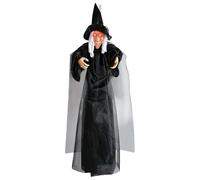 Strega parlante a grandezza naturale da appendere, 178 cm, streghe elettroniche animate di Halloween, streghe volanti giganti, dialoghi attivati con voce e tocco, oggetti di scena per casa infestata e