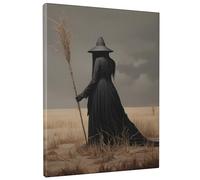 Strega rettangolo parete arte magica scopa disegni scena estetica ragazza erba secca cappello magico grigio marrone tela rimovibile impermeabile arredamento cucina sala da pranzo ufficio biblioteca