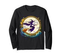 Strega sulla Scopa con la Luna Piena Design per Halloween Maglia a Manica