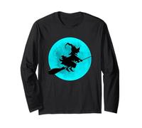Strega sulla Scopa con la Luna Piena Design per Halloween Maglia a Manica
