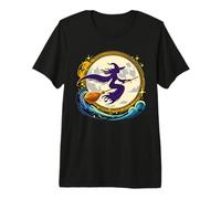 Strega sulla Scopa con la Luna Piena Design per Halloween Maglietta Premium