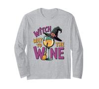 Strega Via al Vino Divertente Gioco di Parole di Halloween Maglia a Manica