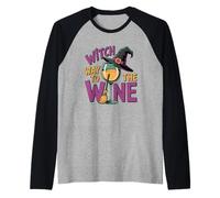 Strega Via al Vino Divertente Gioco di Parole di Halloween Maglia con Maniche Raglan