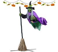 Strega volante decorazione di Halloween, strega in bilico su scopa, decorazione per la casa spaventosa per giardino cortile