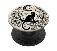Stregoneria floreale lunare gatto nero luna crescente PopSockets PopGrip Adesivo