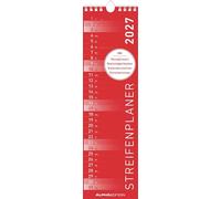 Streifenplaner Mini ROT 2027: schmaler Wandkalender 9,5x33 cm mit farblich markierten Wochenenden, Feiertagen & Mondphasen, ideal für Haushalt, Familie & Büro