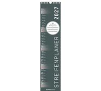 Streifenplaner SCHWARZ 2027: schmaler Wandkalender 11,3x49,5 cm mit farblich markierten Wochenenden, Feiertagen & Mondphasen, ideal für Haushalt, Familie & Büro
