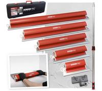 STREND PRO Premium Set Frattazzi 250/400 / 600/800 / 1000 mm | 5 Spatole Con Lama INOX 0,3 mm | Asta Telescopica 1,05-1,88 m E Supporto | Per Stucco, Intonaco E Cartongesso | In Valigetta
