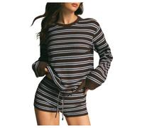 Striped Lounge Set Women Long Sleeve Top Drawstring Shorts (Brown,S)