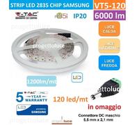 V-Tac PRO VT-5-120 Striscia LED 2835 Monocolore 120 LED/metro Chip Samsung - Bobina da 5 metri - SKU 323 / 324 / 325 - Temperatura Colore: Bianco Caldo