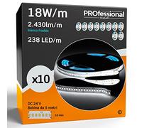 Striscia LED 5 metri Professionale 24V 90W 18 W/mt - KIT con 10 Strisce Monocolore da 1190 LED 238 LED/mt e 12150 Lumen 2430 Lm/mt 135 lm/W - Luce Bianco Freddo 6500K (Pacco 10 Bobine da 5mt)