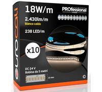 Striscia LED 5 metri Professionale 24V 90W 18 W/mt - KIT con 10 Strisce Monocolore da 1190 LED 238 LED/mt e 12150 Lumen 2430 Lm/mt 135 lm/W - Luce Bianco Caldo 3000K (Pacco 10 Bobine da 5mt)