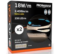 Striscia LED 5 metri Professionale 24V 90W 18 W/mt - KIT con 2 Strisce Monocolore da 1190 LED 238 LED/mt e 12150 Lumen 2430 Lm/mt 135 lm/W - Luce Bianco Caldo 3000K (Pacco 2 Bobine da 5mt)