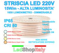 Striscia LED COB 220V luce Bianca 15W/m Luminosissima IP67 Dimmerabile Adesiva [EEK: A+]