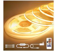 Striscia LED COB 24V 5M, Luce Calda 3000K, Dimmerabile con Telecomando RF, Impermeabile IP44, Autoadesiva, con Alimentatore, 480 LEDs/M, CRI>90, per Cucina, Bagno, Soggiorno, Camera da Letto, TV