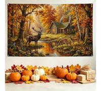Striscione autunnale con capanna dei boschi e cervi, 180,3 x 109,2 cm | Casetta rustica, sfondo fotografico, paesaggio boschivo, fogliame autunnale, illustrazione della fauna selvatica
