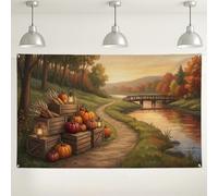 Striscione autunnale con paesaggio sul fiume e zucche, 180,3 x 109,2 cm | Casse rustiche in legno, sfondo fotografico, paesaggio fluviale, illuminazione tramonto dorato, umore del raccolto