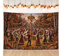 Striscione autunnale con scena di danza popolare e raccolta, 200 x 150 cm | Scena di danza popolare, sfondo fotografico, celebrazione del raccolto, costumi tradizionali, fogliame stagionale