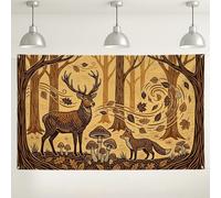 Striscione autunnale rustico, bosco con cervi e volpi, 180 x 109 cm | Sfondo fotografico a tema foresta, stile rustico xilografico, toni autunnali terrosi, arte da parete ispirata alla natura