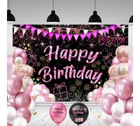 Striscione Buon Compleanno + 20 Palloncini Compleanno | 110x180cm, Include Fori e Corda da 6 Metri | Sfondo Fotografico Compleanno | Banner Buon Compleanno | Sfondo compleanno (Rosa)