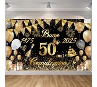 Striscione Buon Compleanno 50 Anni 1975-2025, Seutgjie Decorazioni Compleanno 50 Anni Donna Uomo per Anniversario Oro Nero 180 x 110 cm