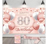 Striscione Buon Compleanno 80° Compleanno Decorazioni Set per Donna con Fascia, Biglietti di Auguri, Gadget per Festa 80 Anni, Birthday Party Decor Kit