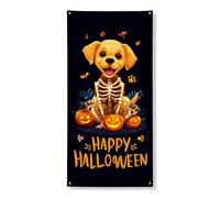 Striscione con scheletro di cane di Halloween, simpatico cucciolo con zucche, decorazione festiva per interni ed esterni, 91 x 182 cm