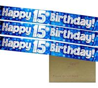 Striscione con scritta "Happy 15th Birthday", 2,7 m, in lamina olografica, colore blu, età 15 anni