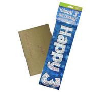 Striscione con scritta "Happy 3rd Birthday", in lamina olografica, blu, 2,7 m, età 3 anni