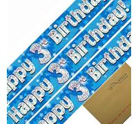 Striscione con scritta "Happy 3rd Birthday", in lamina olografica, blu, 2,7 m, età 3 anni