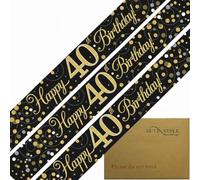 Striscione con scritta "Happy 40th Birthday", 2,7 m, colore: nero e oro, olografico, frizzante