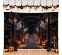 Striscione con scritta "Haunted Library" di Halloween Jack-o-Lanterns, 200 | Scena della biblioteca gotica, sfondo fotografico, fantasmi alla deriva, zucche intagliate, pavimento in legno